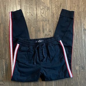 Hollister Men's Black Jogger Pants with Red Stripes